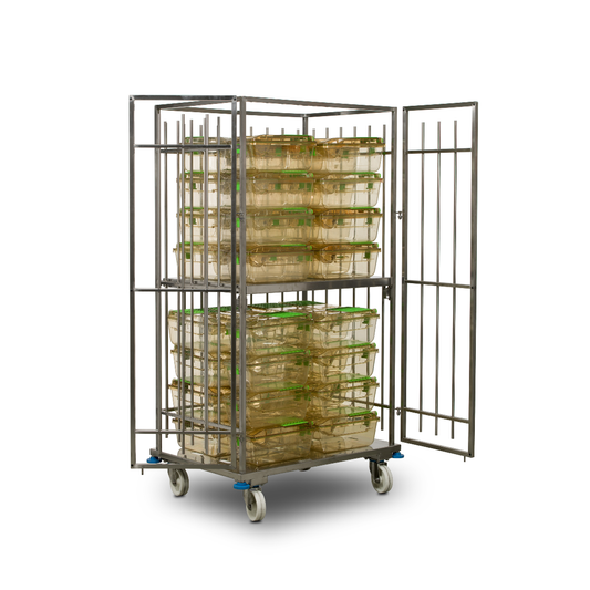 Stainless Steel Wire Mesh Transport Trolley with a Flip-Over Intermediate Plastic Shelf